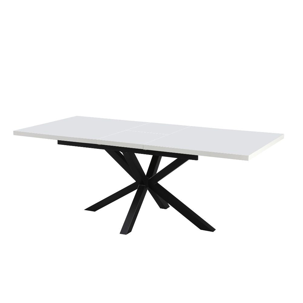 Ausziehbarer Tisch mit weißer Tischplatte und schwarzen Beinen 160x90 cm – Mirk