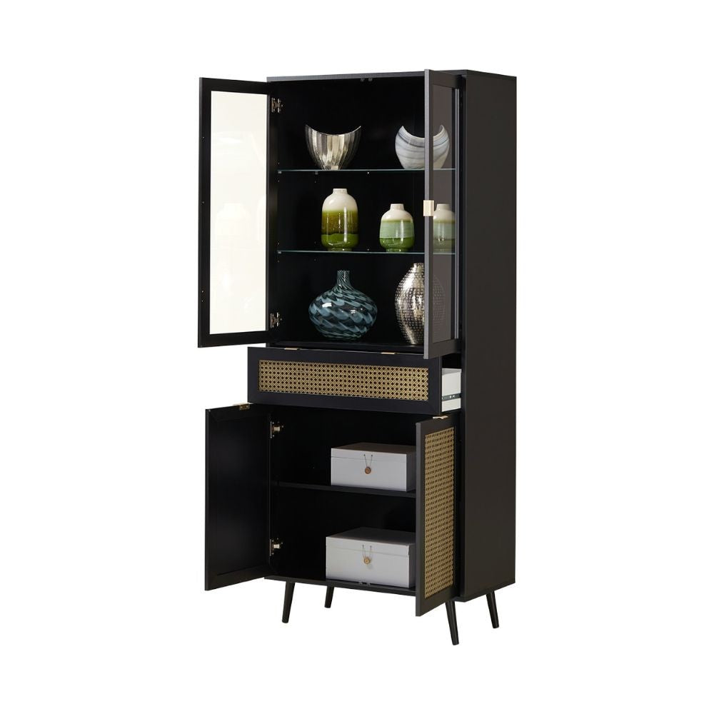 Vitrine 80x195h cm avec 4 portes et tiroir couleur noire avec façades effet cannage - Vienna52A