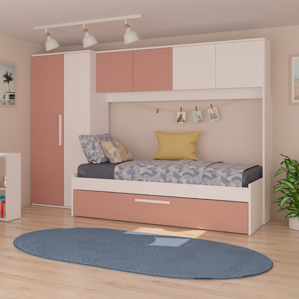 Brückenbett mit Ausziehbett in Weiß und Altrosa - Pinky