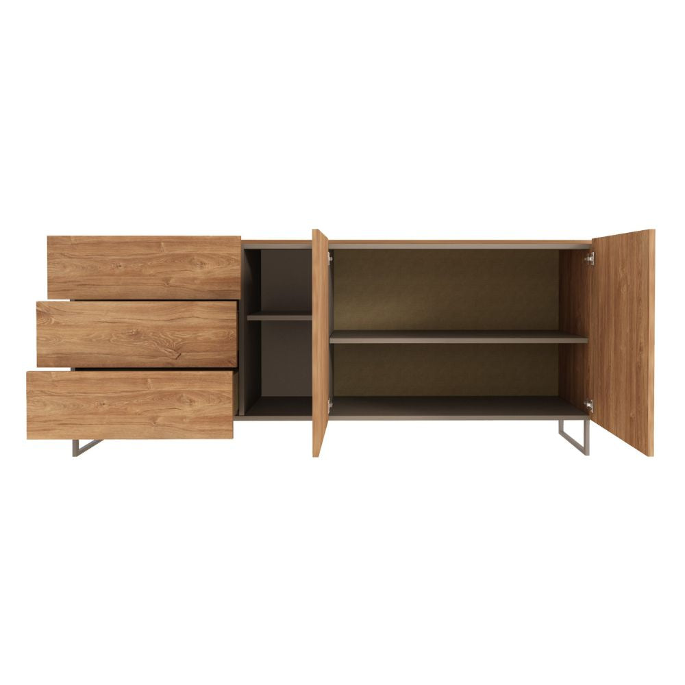 Buffet 1055 couleur chêne miel avec 3 tiroirs, 2 portes et une niche ouverte taupe 175x38x73.6H