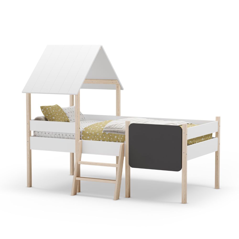 Letto singolo rialzato a forma di casetta in legno massiccio colore bianco e pino - Minty