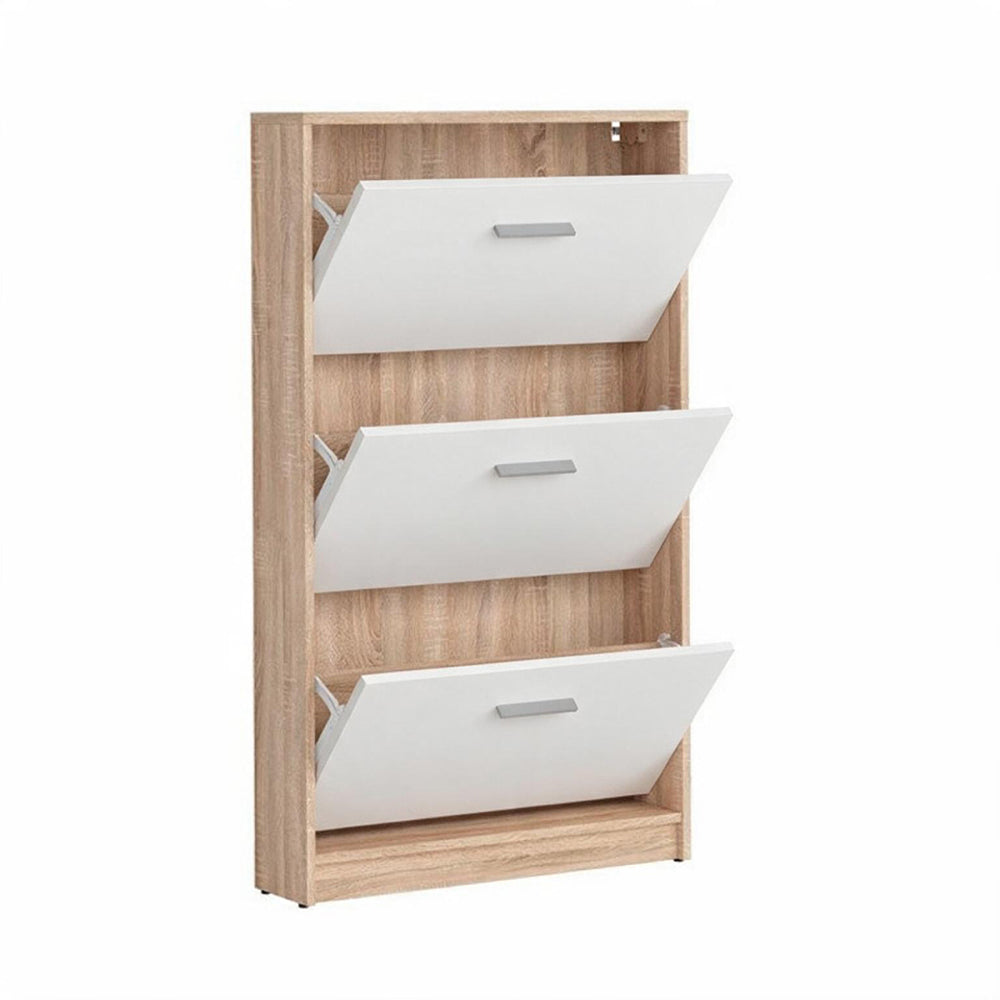 Schuhschrank 3 Klapptüren weiß und Korpus Eiche 69,5x120H cm - Nepo