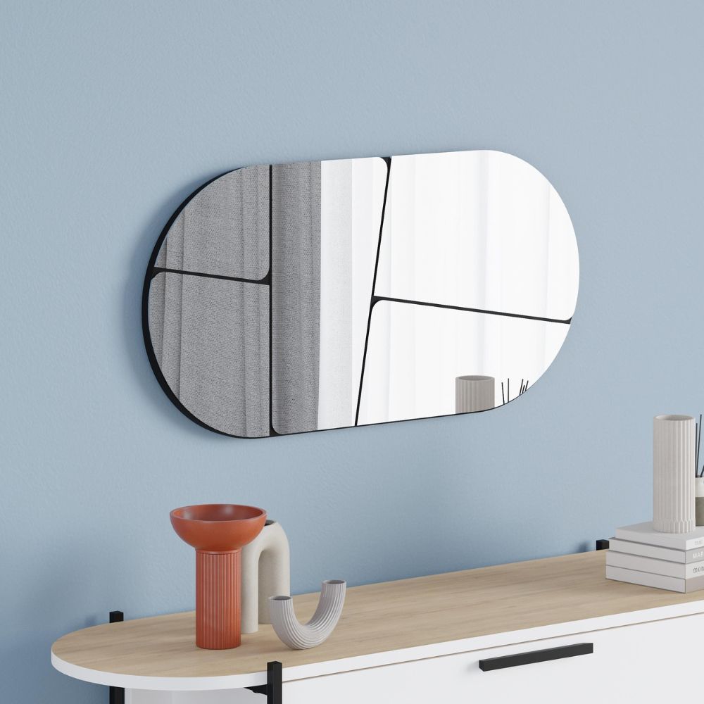 Specchio ovale da parete con design astratto e fondo nero 80x40H Otis