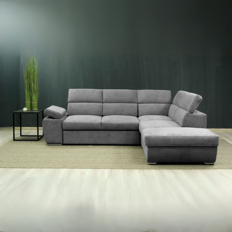 CANAPÉ D'ANGLE DROIT ARIZONA, 5 APPUIS-TÊTE + 1 ACC. RÉGLABLE, POUF COFFRE ET 2 COUSSINS. FONCT. DOLPHIN, COL. GIULIA 9713 GRIS