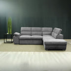 CANAPÉ D'ANGLE DROIT ARIZONA, 5 APPUIS-TÊTE + 1 ACC. RÉGLABLE, POUF COFFRE ET 2 COUSSINS. FONCT. DOLPHIN, COL. GIULIA 9713 GRIS