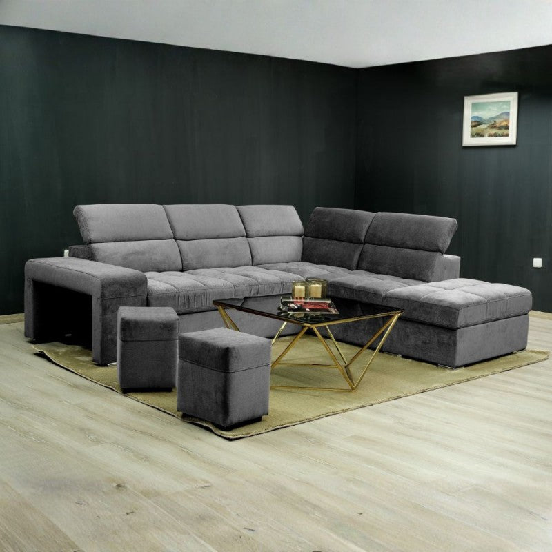 Divano angolare reversibile con poggiatesta regolabili, pouf e funzione letto grigio Positano