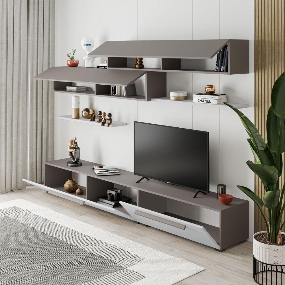 TV-Wohnwand mit Türen und Einlegeböden in Weiß und Light Mocha 260 cm - Mokat