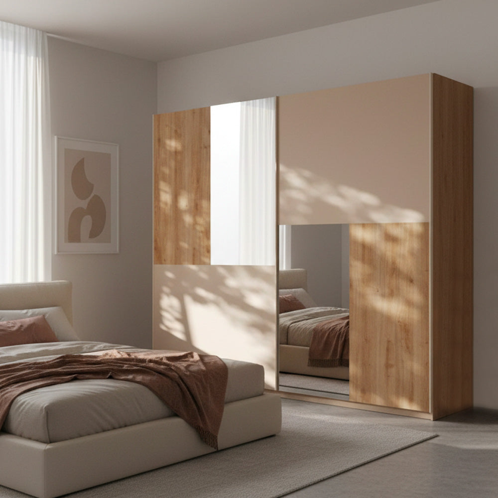Armadio 275 cm con 2 ante scorrevoli colore rovere e cachemire con specchi - Myla