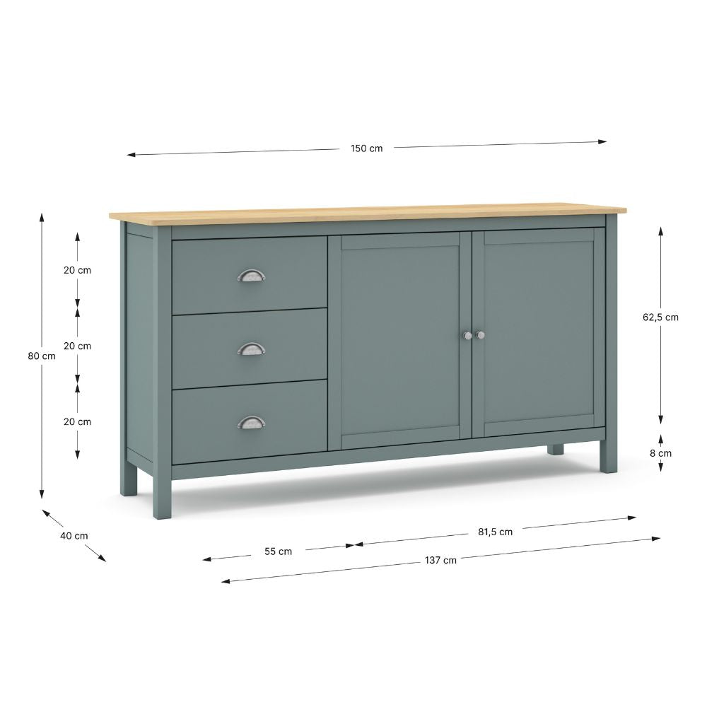 Bahut 2 portes et 3 tiroirs en bois massif vert kaki et chêne Misti 150x40x80H