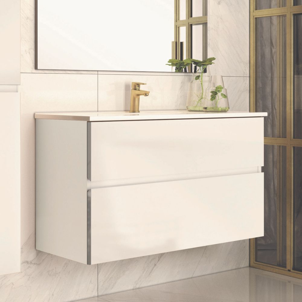 Hängender Badezimmerschrank 100 cm mit 2 Schubladen und Waschbecken inklusive, Farbe Weiß lackiert - Mances