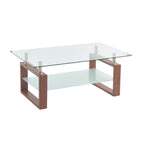 CT-239 TABLE BASSE TALLY DOUBLE PLATEAU VERRE TREMPÉ ET PIEDS EFFET BOIS NOGAL