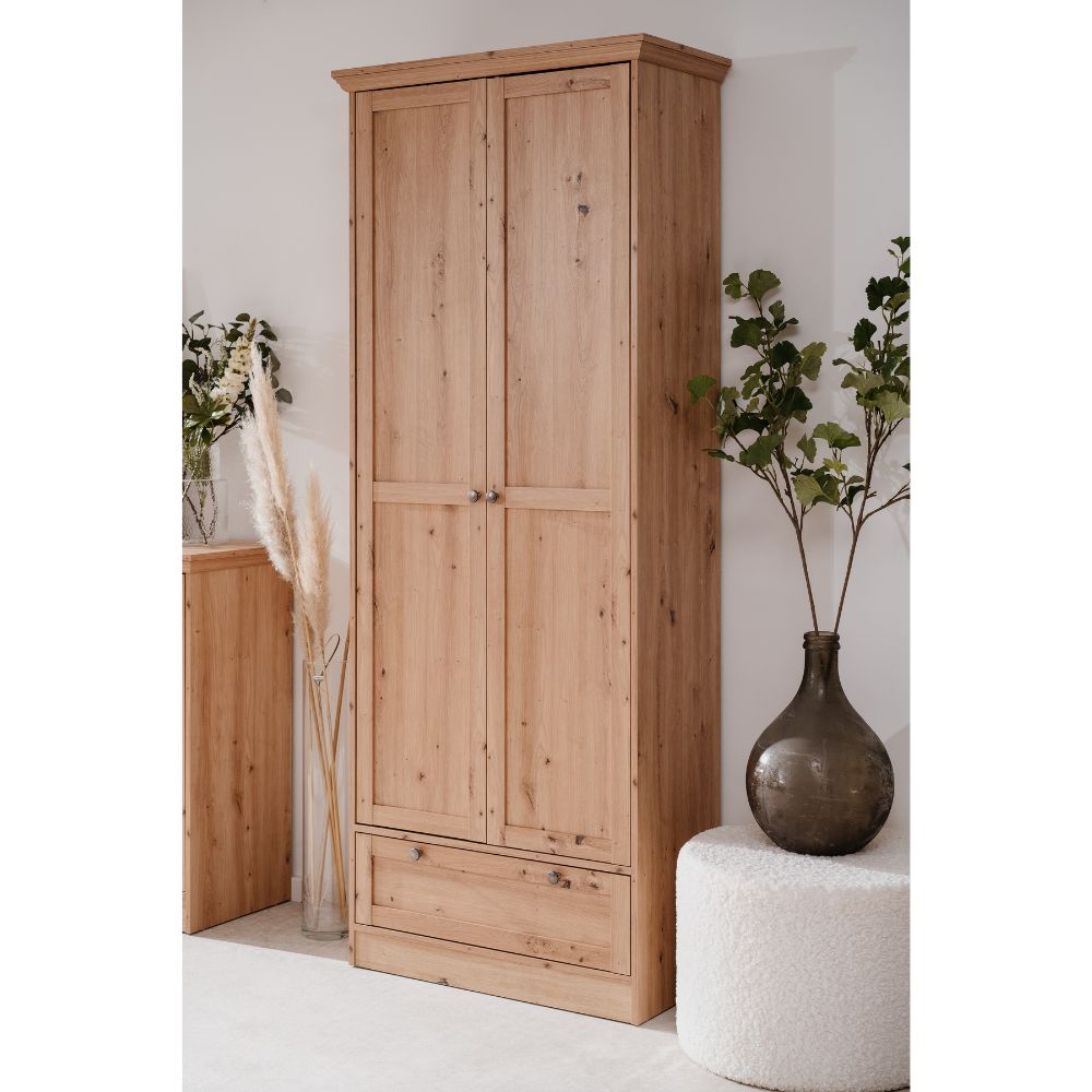 Kleiderschrank mit 2 Türen und einer Schublade, Farbe Altholz Eiche 80x200H cm - Tiberio