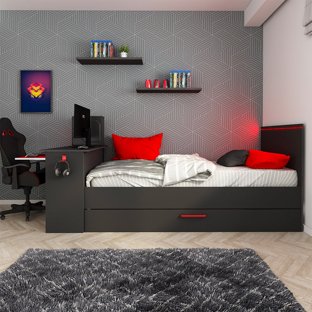 Kinderzimmer mit ausziehbarem Einzelbett und integriertem Schreibtisch in Anthrazit und Rot, umbaubar