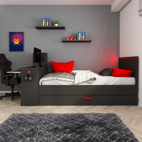 Cameretta con letto singolo estraibile e scrivania incorporata colore antracite e rosso reversibile