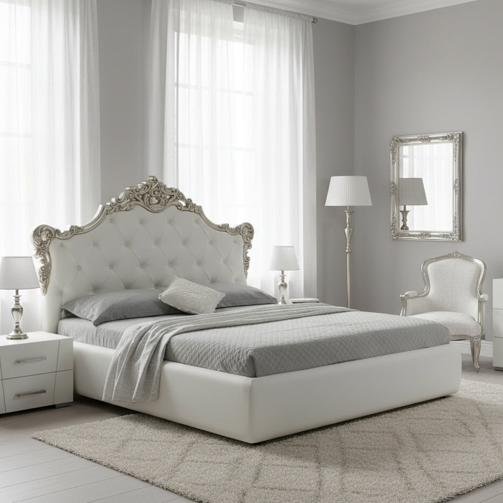 Letto matrimoniale con contenitore e testiera capitonnè colore bianco - Savoia