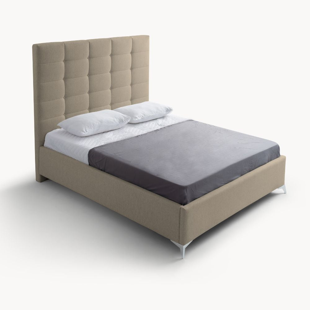 Letto matrimoniale contenitore con testiera alta in tessuto colore cappuccino - NapoliGrande