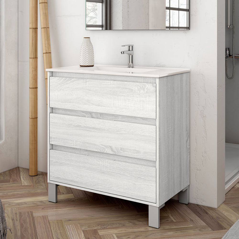 Meuble de salle de bain avec 3 tiroirs couleur chêne gris glace 80x45x84H cm - Konni