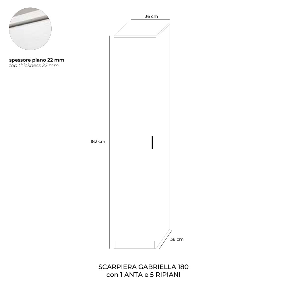 Schuhschrank mit Tür und Einlegeböden, Farbe Ulme, 36x182H cm - Gabriella