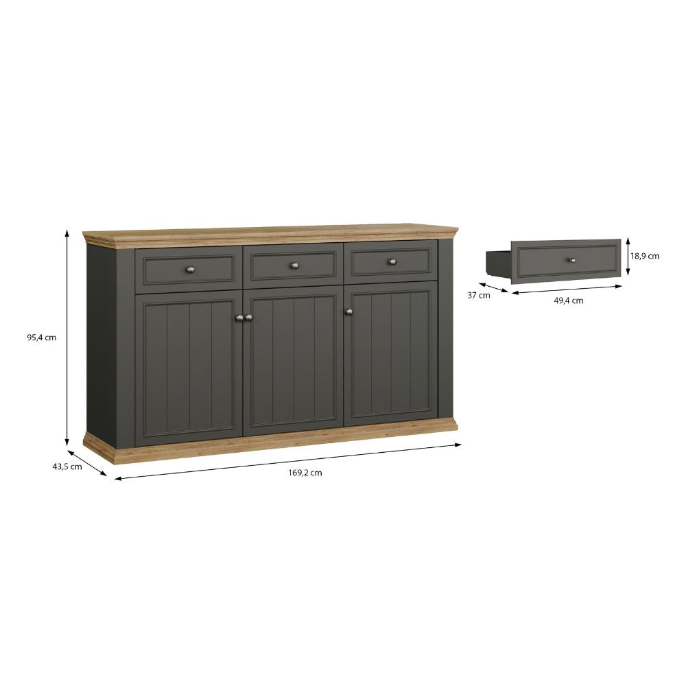 PNTK232-Q243 SIDEBOARD ESSENZA MIT 3 SCHUBLADEN UND 3 TÜREN FARBE DUNKELGRAU UND EICHE