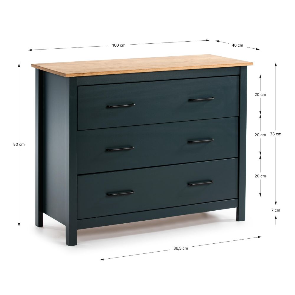 Commode en bois massif bleu et pin Miranda 100x40x80H
