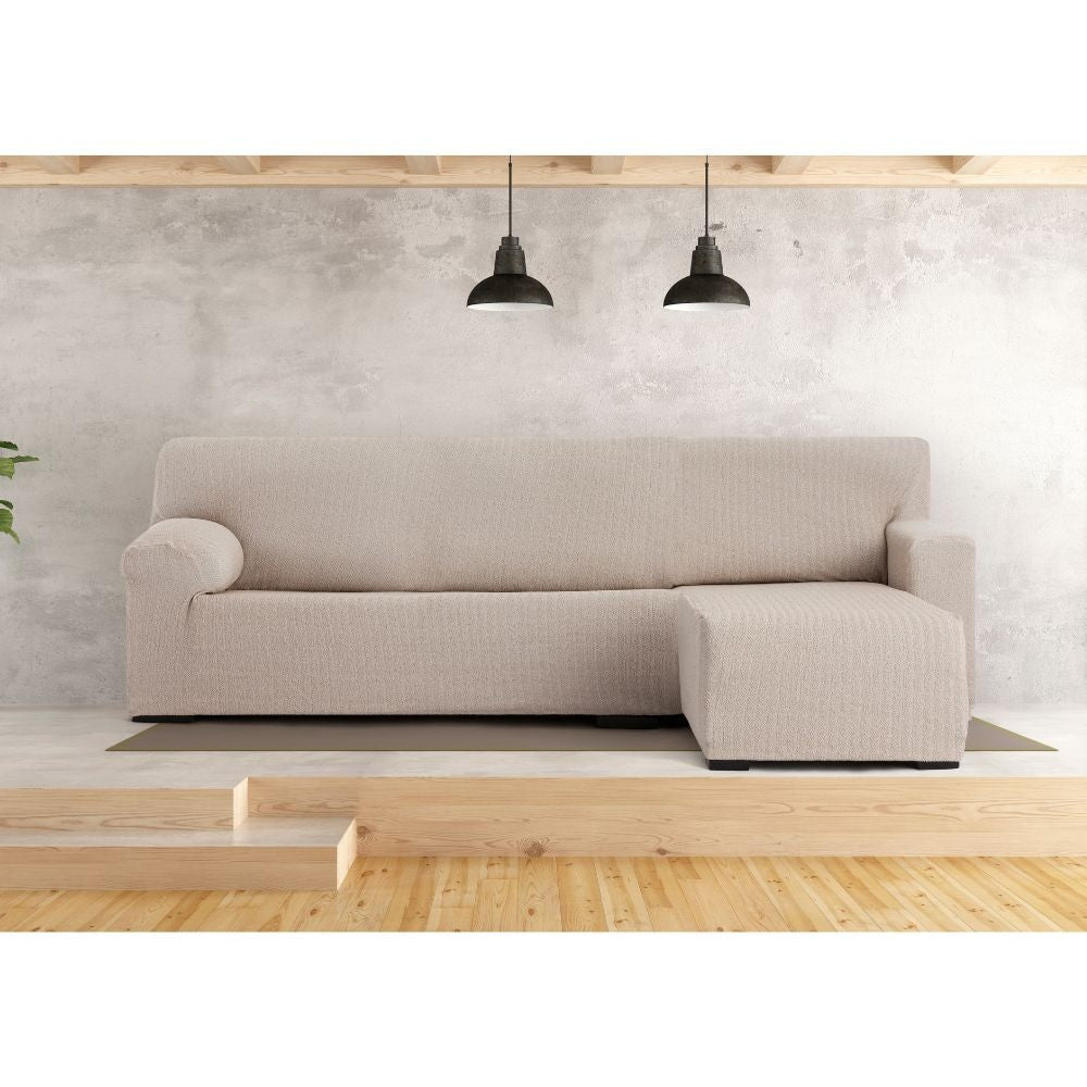 Elastischer Sofabezug 250/310 cm, rechtsseitige Ottomane, beige, kurze Armlehne - Troya