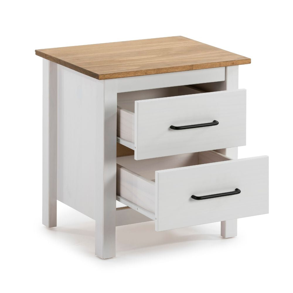 Comodino 2 cassetti in legno massiccio colore bianco e pino Miranda