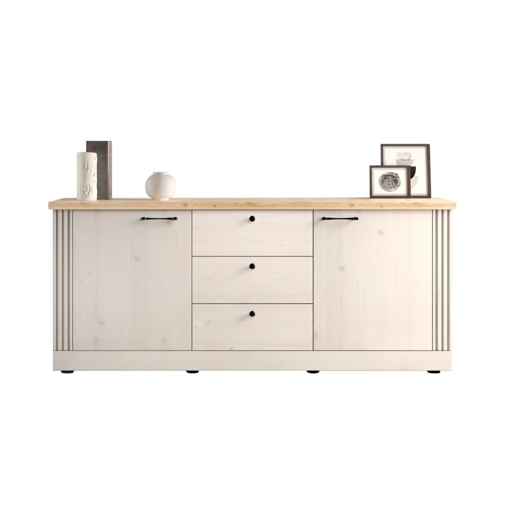 Buffet 2 portes et 3 tiroirs coloris blanc meringue et chêne Cadix 211x44x88H Winchester