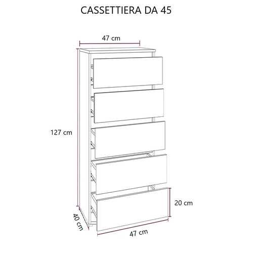 Cassettiera con 5 cassetti colore noce antico 47x127H cm montata