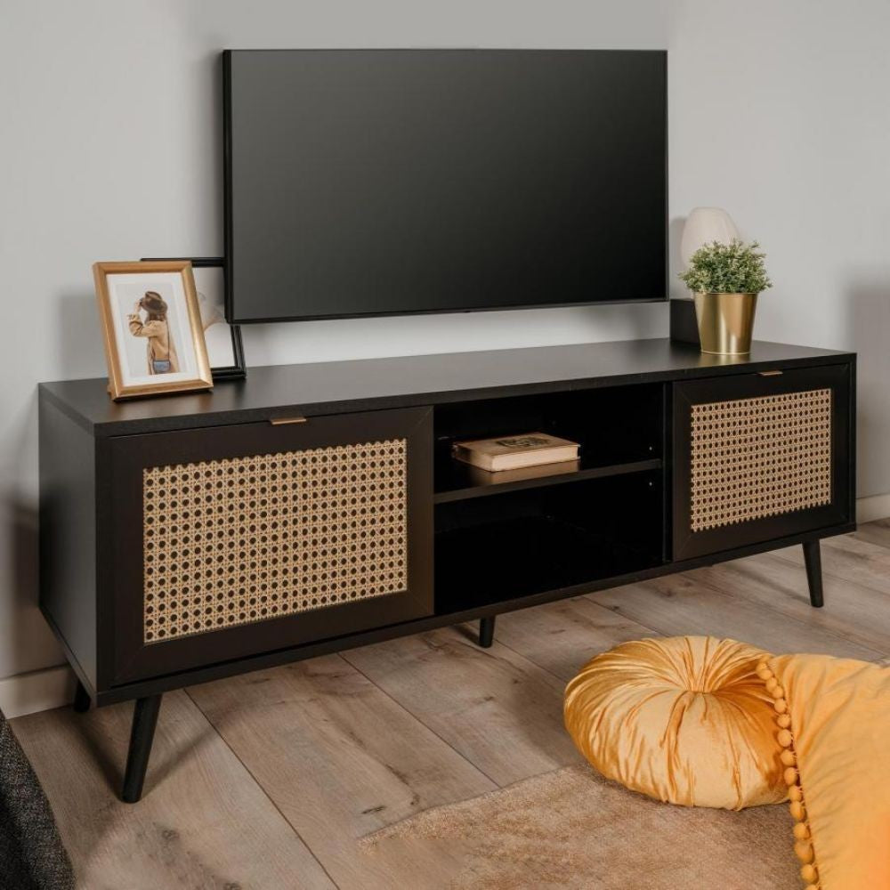 Mobile porta TV con 2 ante e vano a giorno colore nero con frontali effetto vimini - Vienna56A