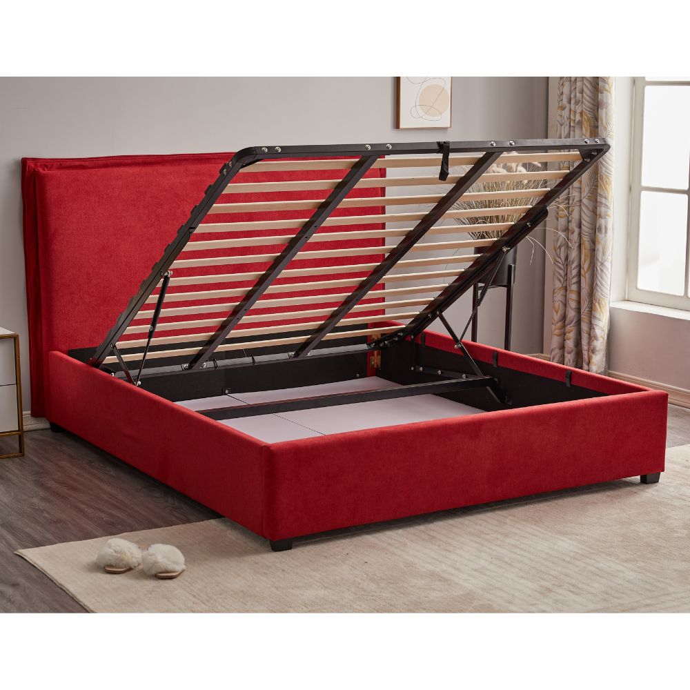 Doppelbett mit Bettkasten und Kopfteil, bezogen mit rotem Stoff - Neso