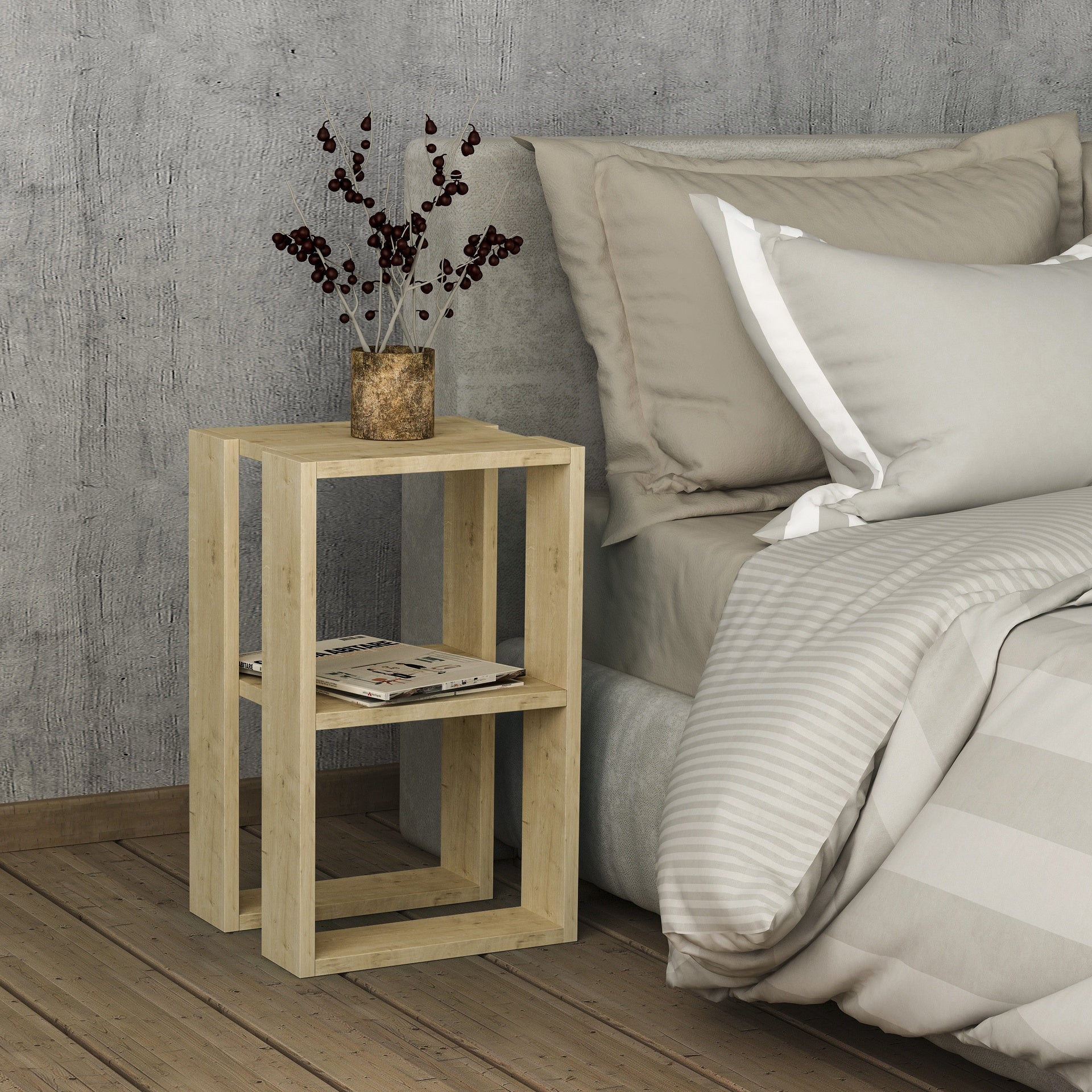 Comodino in legno 34x55h cm con due ripiani colore rovere - Lonie