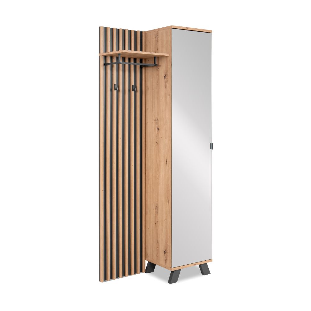 Mobile ingresso con frontale cannettato e anta a tutto specchio colore quercia e antracite 80x190H cm - Medan4