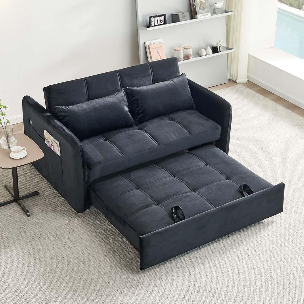Divano letto in velluto nero con porta USB e tasca laterale 140,5x94,5x82H Clorene