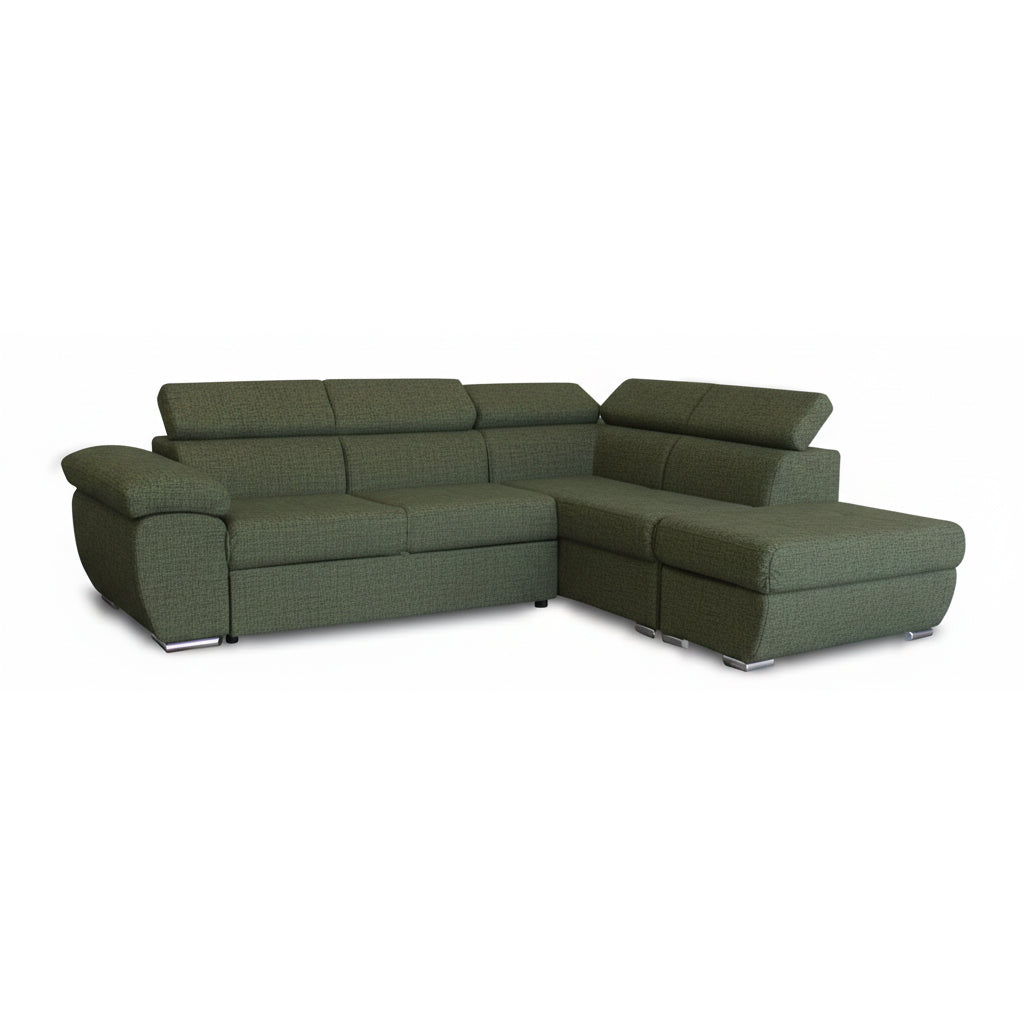 Divano letto angolare con penisola destra e pouf contenitore verde oliva Fiona