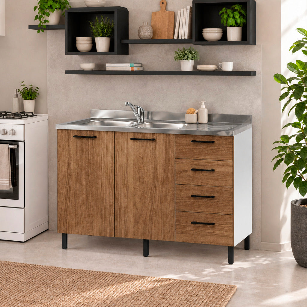 Mobile sottolavello con cassetti colore noce naturale e lavello incluso 120 cm destro