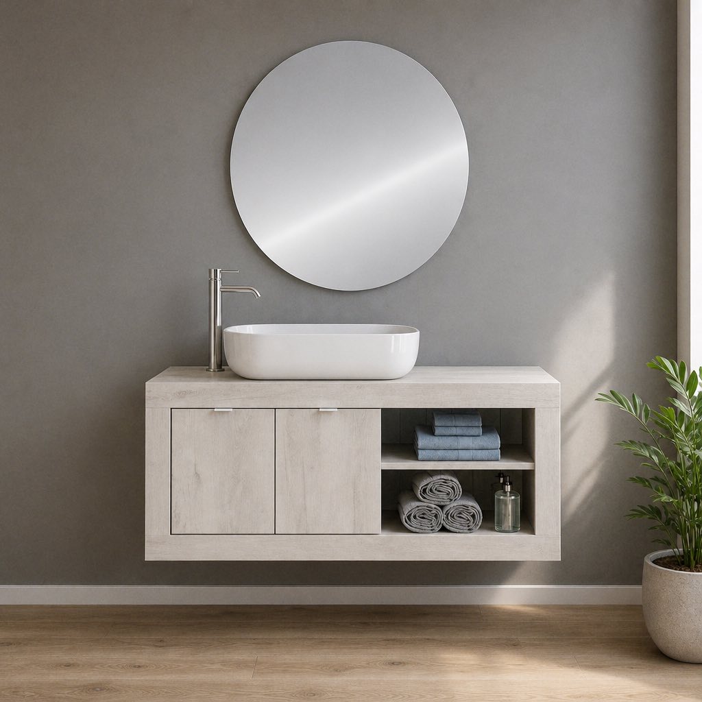 Meuble bas de salle de bain suspendu avec vasque à poser couleur pin blanc 110x47H cm - Bax