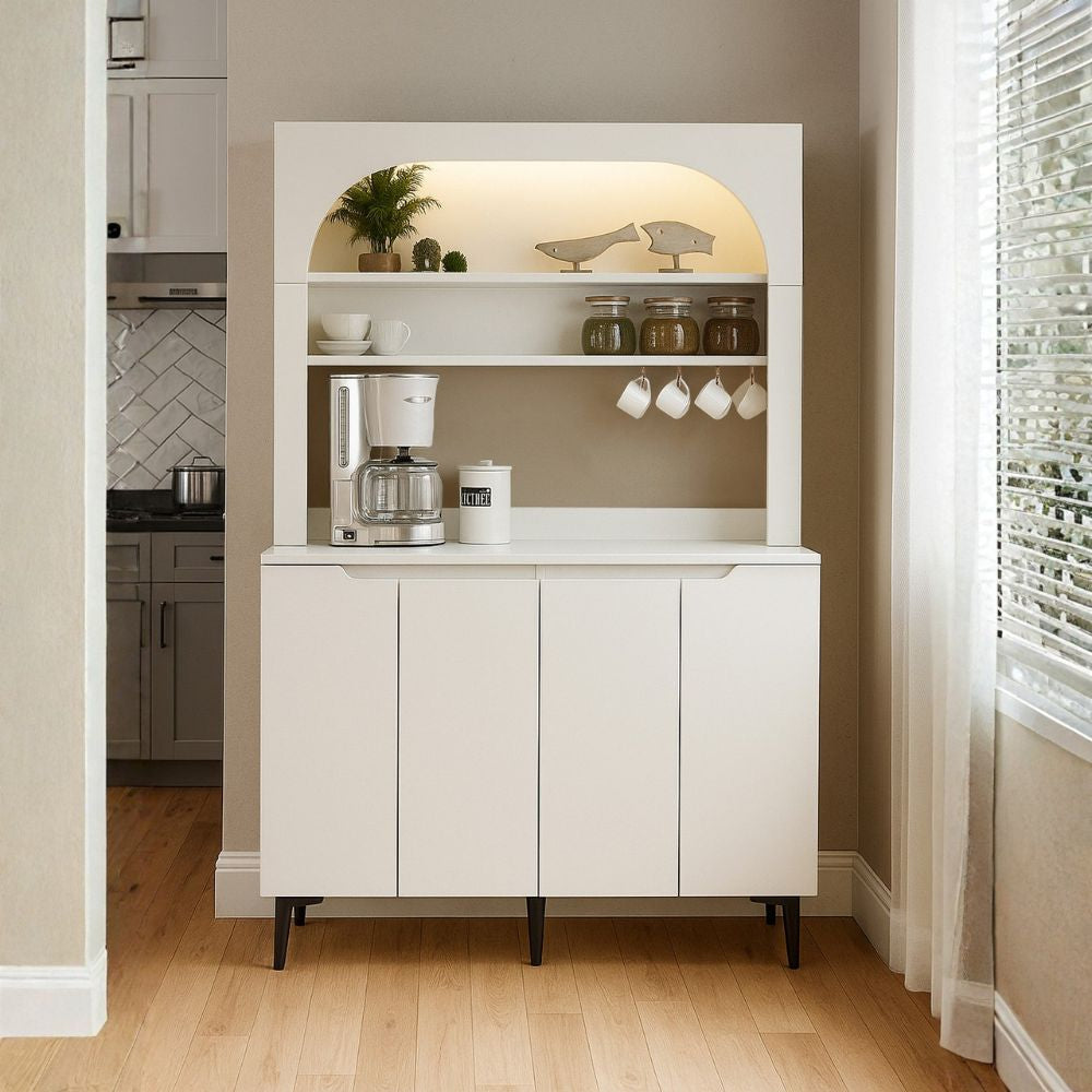 Credenza 4 ante, mensole a giorno e angolo caffè colore bianco Melinta