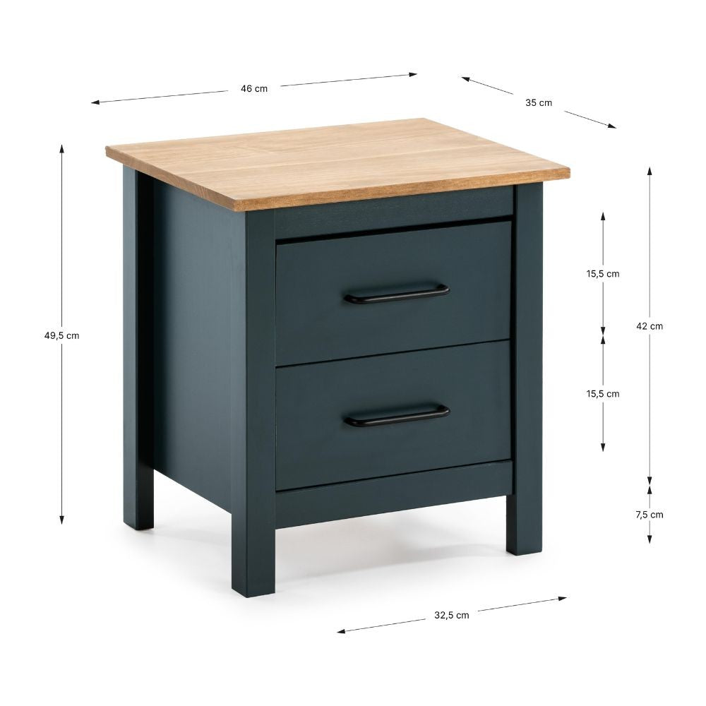 Comodino 2 cassetti in legno massiccio colore blu e pino Miranda