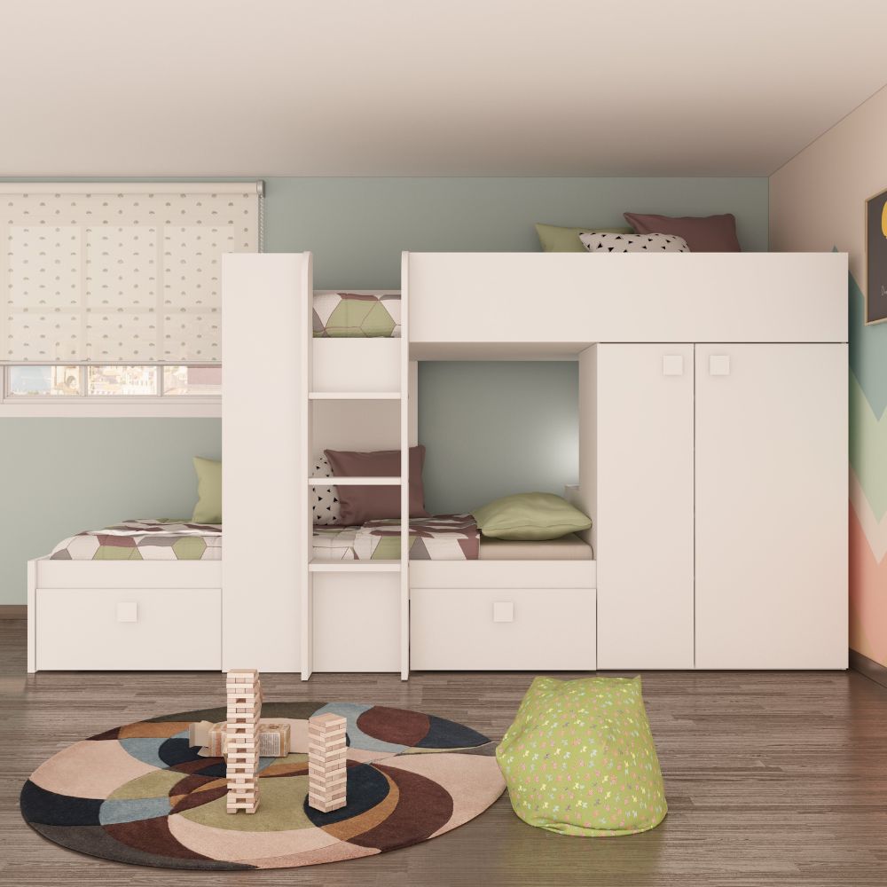 Lit superposé avec armoire et tiroirs couleur blanc 295x110x150H - Witt