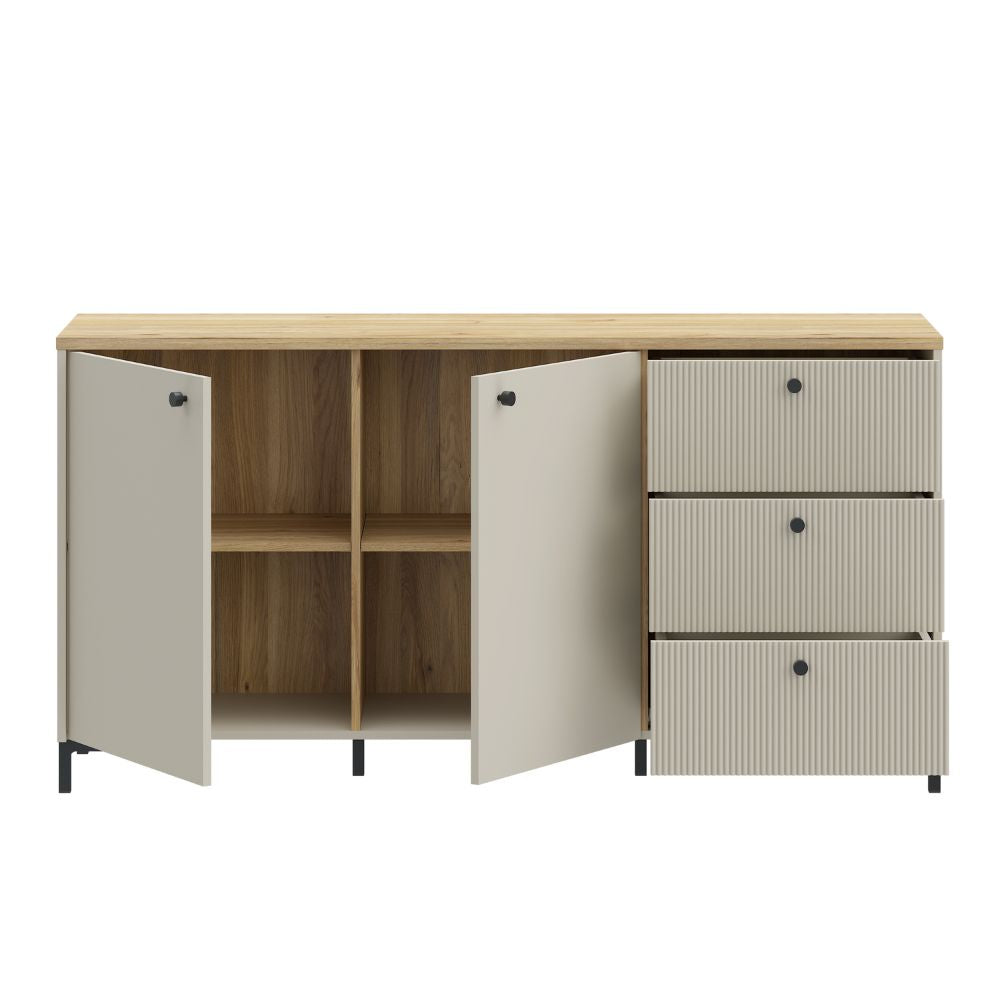 Madia 2 ante, 3 cassetti cannettati e top rovere Unit