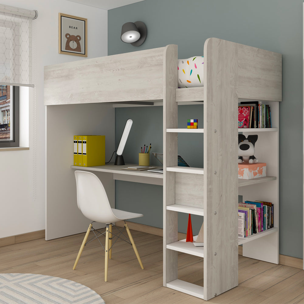 Cameretta con letto a soppalco e scrivania sottostante colore bianco e bianco consumato