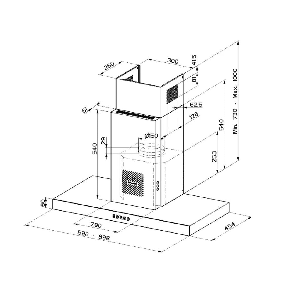 Cappa aspirante a parete Air Hub Stilo Glass Comfort 90 cm. classe A+ inox e vetro nero Faber