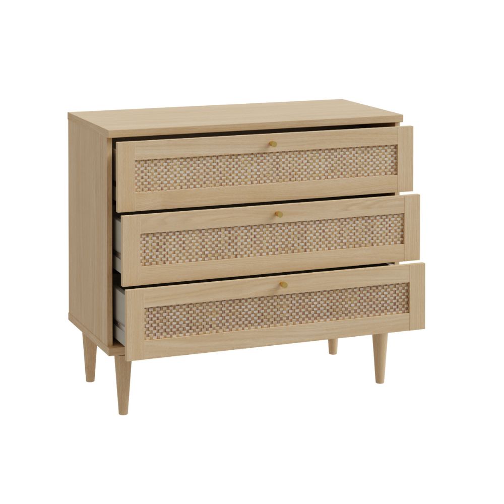 Cassettiera 3 cassetti in rovere con dettagli effetto Rattan 90.4x41.4x80H Livia