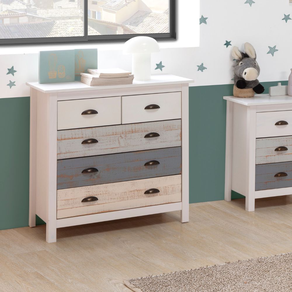 Comò in legno massiccio con 5 cassetti colore bianco grigio e crema 79x40x80H cm - Romantica