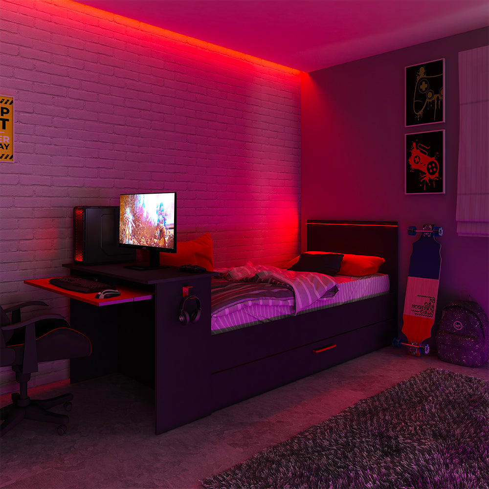 Kinderzimmer mit ausziehbarem Einzelbett und integriertem Schreibtisch in Anthrazit und Rot, umbaubar