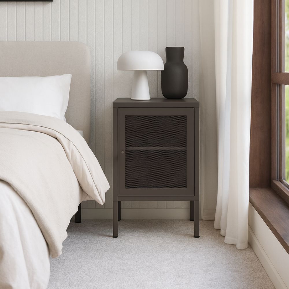 Comodino in metallo mocha con anta reticolata 40x35x60H Fayna