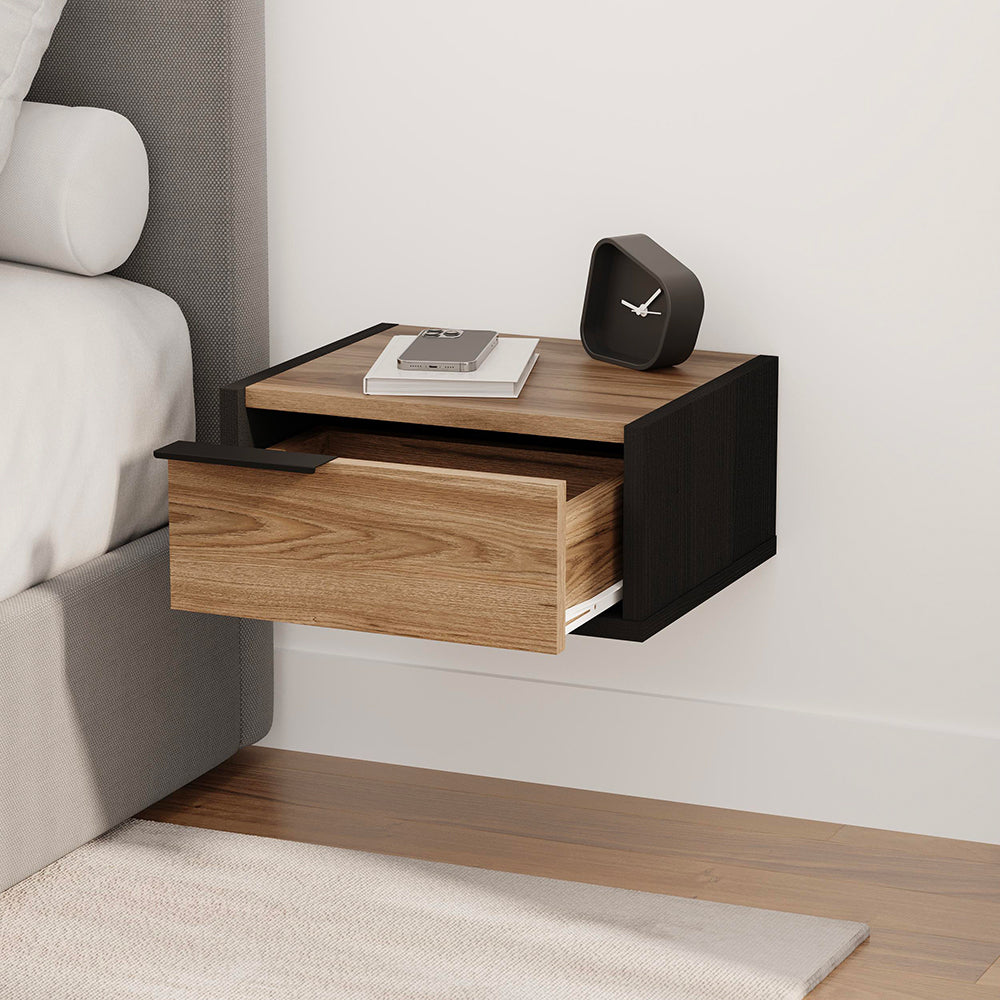 Comodino sospeso con cassetto 40 cm nero e rovere oud con maniglia reversibile Eco