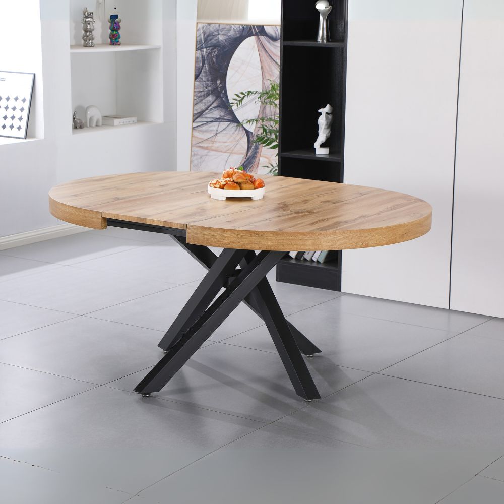 Table ronde extensible avec plateau couleur chêne et pieds noirs 120x75H cm - Mooni