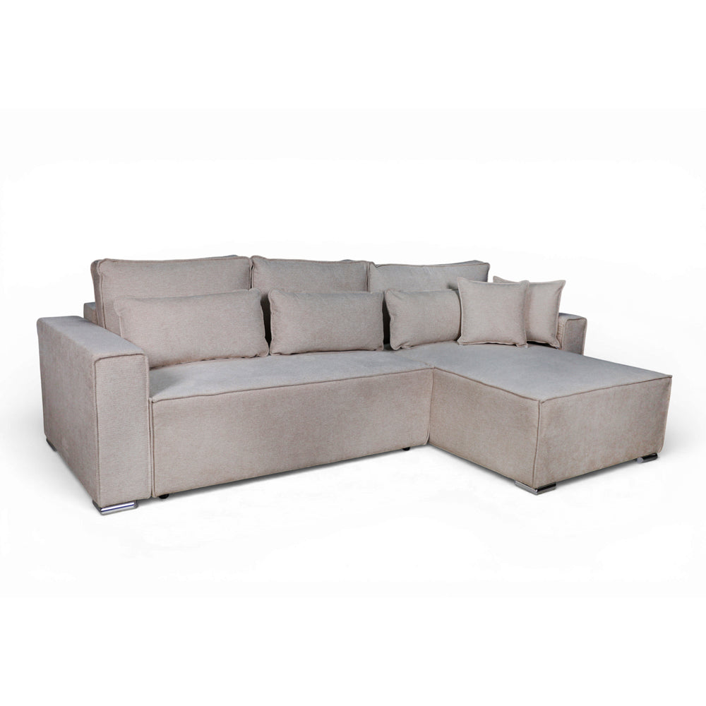 Divano angolare tortora con letto Easy Open, contenitore e penisola reversibile Emily