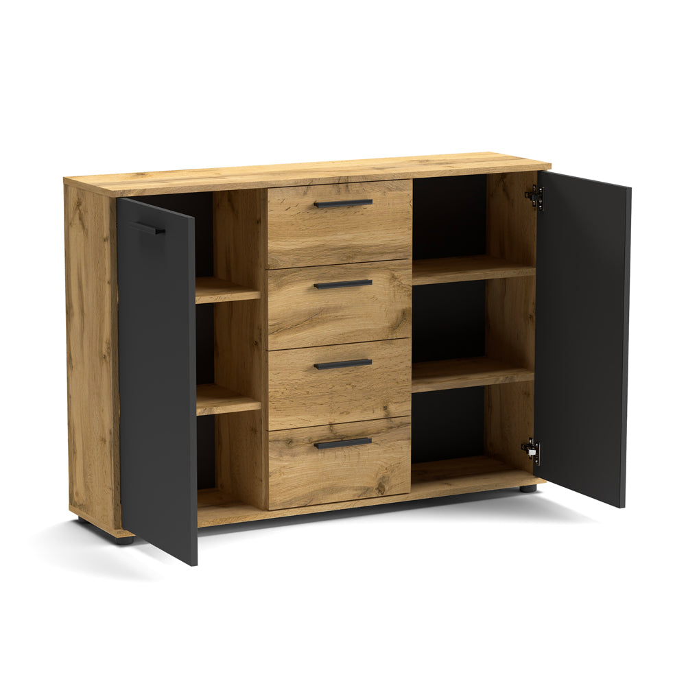 Credenza in legno con ante e cassetti colore rovere e antracite 120 cm - Berno